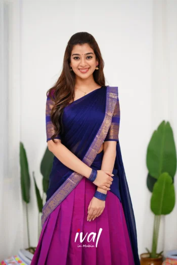 Padmaja Cotton Half Saree - Pinkish Magenta and Navy Blue