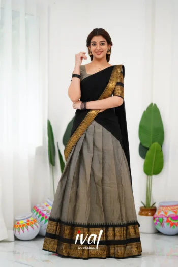 Padmaja Cotton Half Saree - Ash and Black