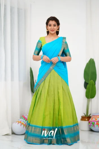 Padmaja Cotton Half Saree - Light Green and Blue