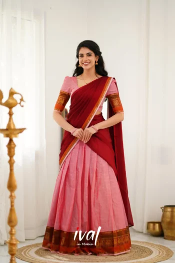 Padmaja Cotton Halfsaree - Pink and Reddish Maroon