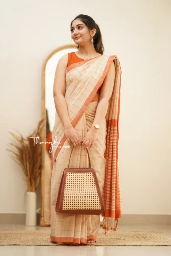Beige & Orange (Checks) - Mangalagiri Checked Cotton Saree